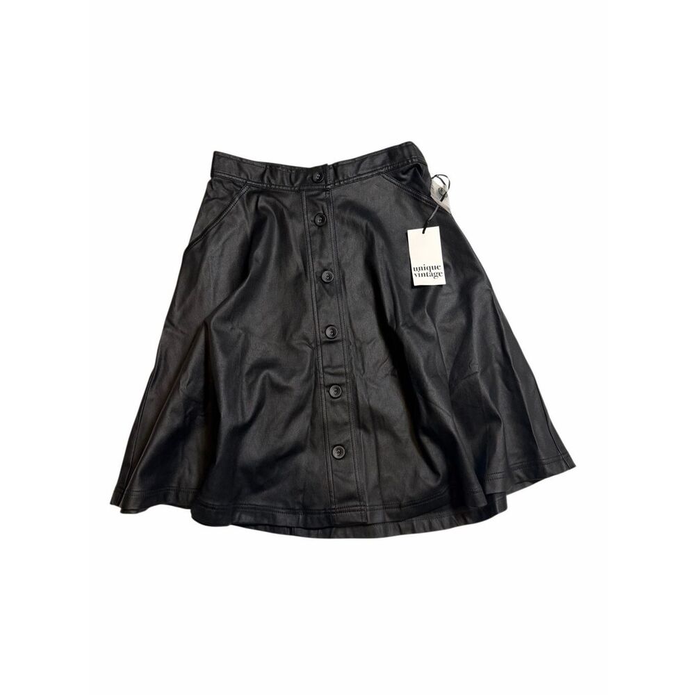 Unique Vintage Vegan Leather A-line Skirt Full Circle Buttons Pockets Medium - Picture 1 of 7